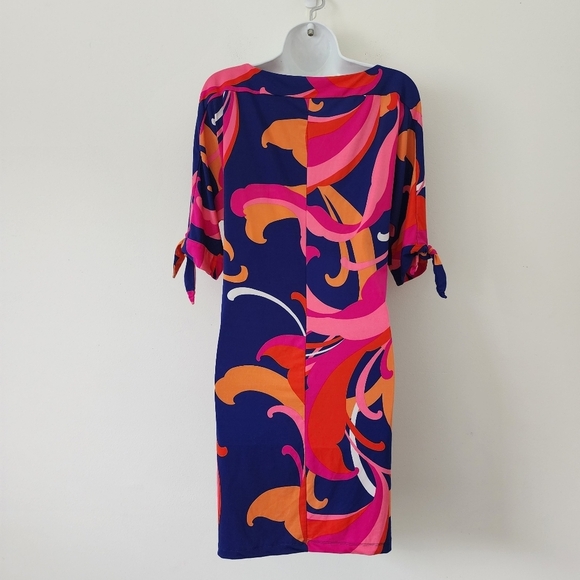 Trina Turk Vinet Short Shift Mini Tunic Dress Scrolling Slit Sleeve Knit Sz L - Picture 9 of 15